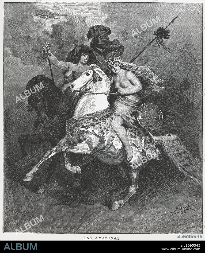 Las Amazonas, fieras guerreras que las fábulas situan en la ciudad de Temiscira, a las orillas del famoso rio Termodonte, en el centro norte de Turquía, al oeste de la Capadocia. Grabado de 1883.