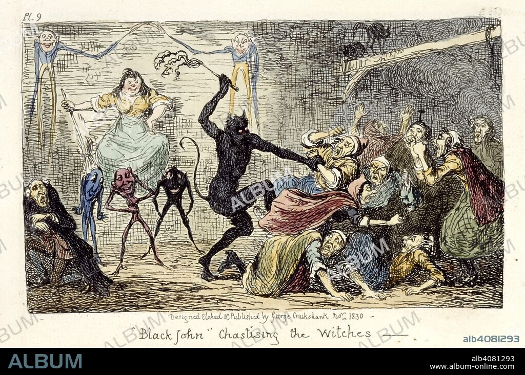 WALTER SCOTT and GEORGE CRUIKSHANK. Black John. Letters on Demonology and Witchcraft, addressed to. London, 1830. Black John chastising the witches'. A demonic figure whipping witches.  Image taken from Letters on Demonology and Witchcraft, addressed to J. G. Lockhart, Esq. [With plates designed by George Cruikshank.].  Originally published/produced in London, 1830. . Source: C.108.cc.6, plate 9. Language: English.