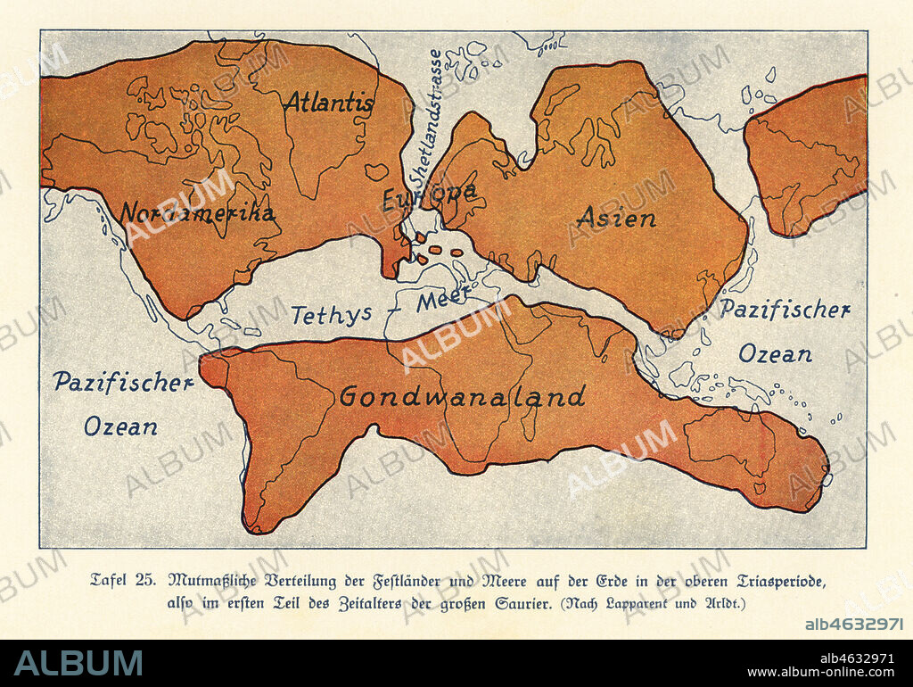 Map of the continents and seas in the Upper Triassic period. North America, Atlantis, Europe, Asia, Gondwanaland. Colour print after an illustration from Wilhelm Bolsches Das Leben der Urwelt, Prehistoric Life, Georg Dollheimer, Leipzig, 1932.