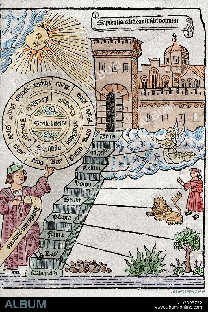 LLULL, Ramon (Palma de Mallorca, 1233 o 1235Bujía, 1315 o 1316). Filósofo, místico y literato conocido como el "Doctor Iluminado". "DE NOVA LOGICA DE CORRELATIVIS" (SAPIENTIA EDIFICAVIT FIBI DOMUUN). Una escalera simboliza LA TIERRA Y EL CIELO. Grabado coloreado. Obra impresa en Valencia en el 1512.