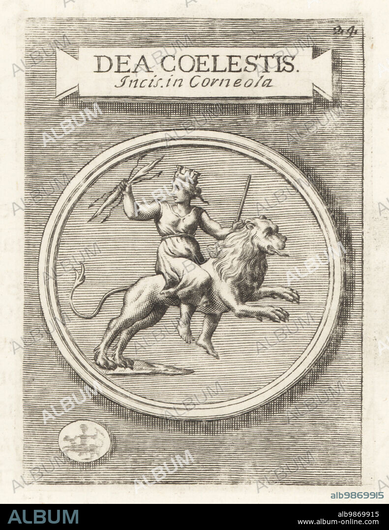 Caelestis Afrorum Dea, Roman goddess in crown, riding a lion, clutching thunderbolts. Known in Carthage as Tanit or Tanith, the Punic sky goddess. From an engraved cornelian gem. Dea Coelestis Inci. in Corneola. Copperplate engraving from Francesco Valesio, Antonio Gori and Ridolfino Venutis Academia Etrusca, Museum Cortonense in quo Vetera Monumenta, (Etruscan Academy or Museum of Cortona), Faustus Amideus, Rome, 1750.