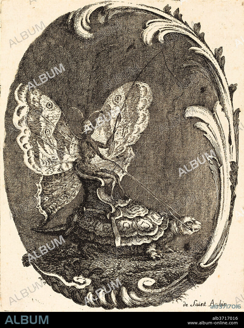 CHARLES GERMAIN DE SAINT-AUBIN. Le Papillon et la Tortue (The Butterfly and the Turtle). Dated: in or after 1756. Dimensions: plate: 17.2 x 13.5 cm (6 3/4 x 5 5/16 in.). Medium: etching.