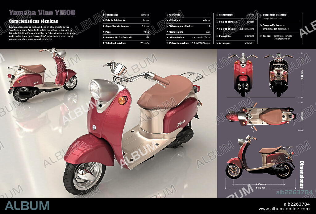 Yamaha Vino YJ50R. Infografía de las características técnicas y dimensiones de la motocicleta Yamaha Vino YJ50R.