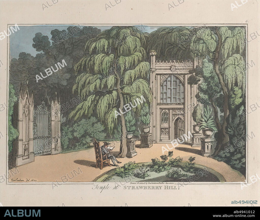 Etched by Thomas Rowlandson, Temple at Strawberry Hill, from 'Sketches from Nature', 'Sketches from Nature', Etched by Thomas Rowlandson (British, London 17571827 London), Aquatint by Joseph Constantine Stadler (German, active London, 17801822), 1822, Hand-colored etching and aquatint, Plate: 7 3/8 × 9 7/16 in. (18.8 × 24 cm), Sheet: 7 15/16 in. × 10 in. (20.1 × 25.4 cm), Prints.