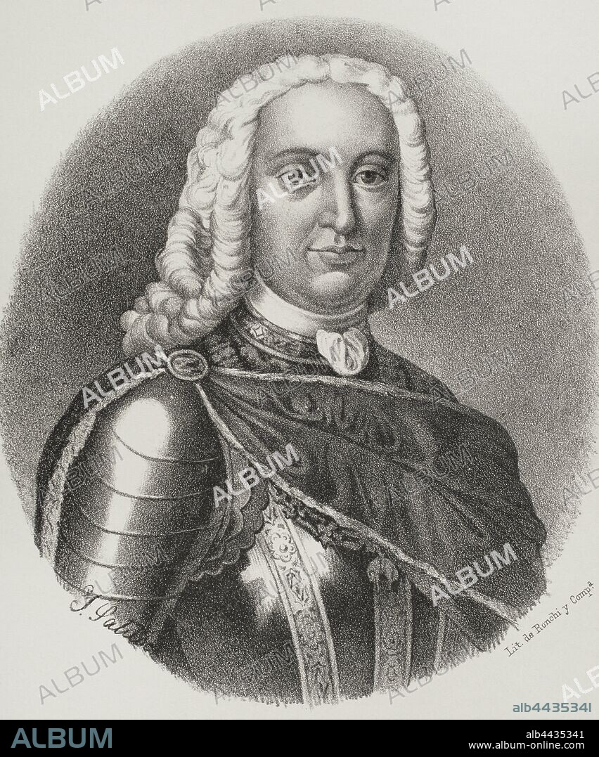 Felipe V de España, llamado"El Animoso" (1683-1746). Rey de España. Dibujo por Salcedo. Litografía. Crónica General de España, Historia Ilustrada y Descriptiva de sus Provincias. Galicia,1866. Biblioteca Histórico Militar de Barcelona, Cataluña, España.