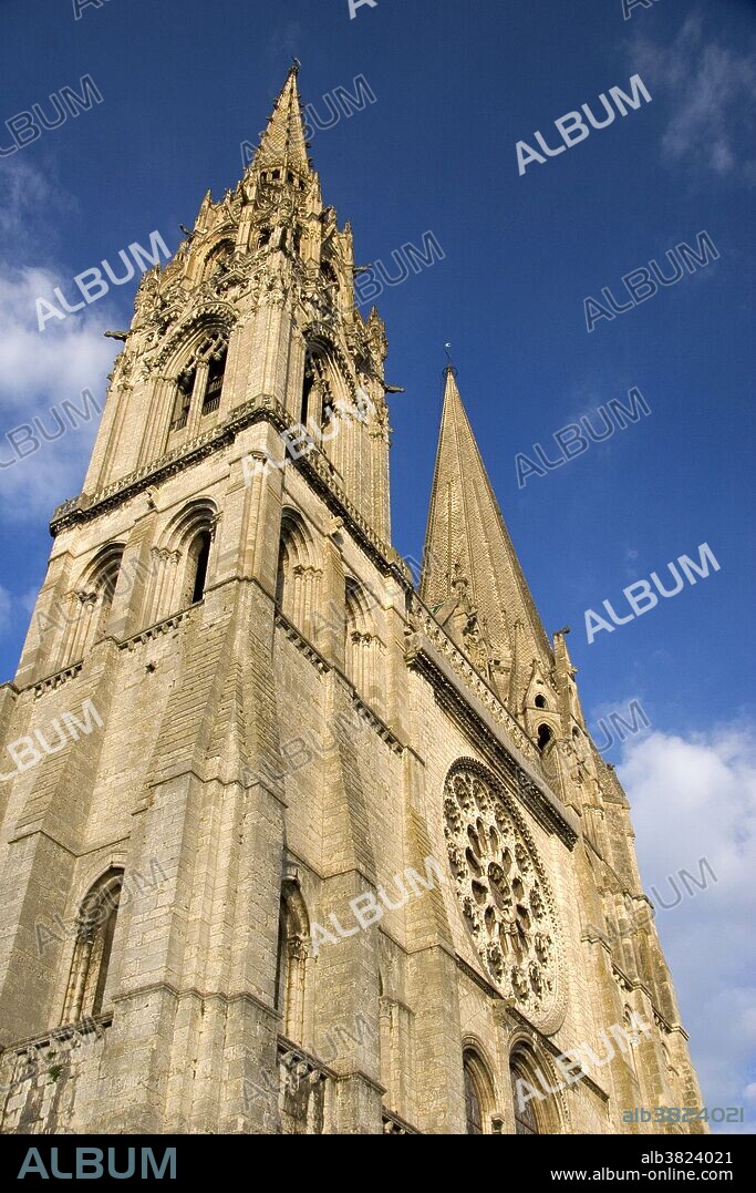 The Cathedral of Our Lady of Chartres at Chartres in the region of Centre, France. Dedicated in 1260, the cathedral is considered one of the finest examples of Gothic architecture.