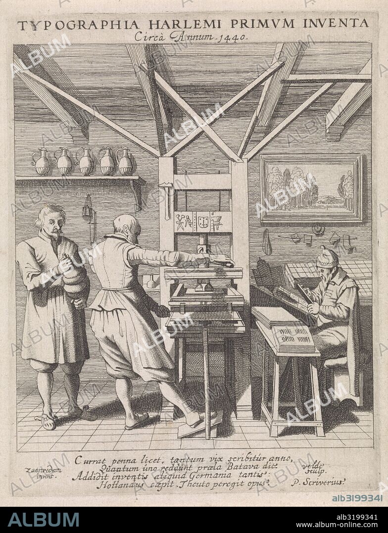 The invention of the printing press by Laurens Jansz. Coster, Haarlem, ca. 1440, interior of a book printer, with a printing press and putting letters, print maker: Jan van de Velde (mentioned on object), Dating 1628.