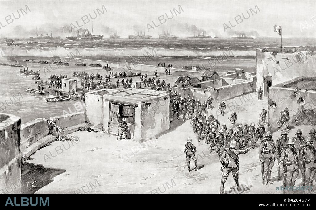 The Italian government declared war on Turkey in 1911 because it had refused to permit the military occupation of Tripoli by Italy. Italian troops are seen here landing after the bombardment of Benghazi.  From Hutchinson's History of the Nations, published 1915.
