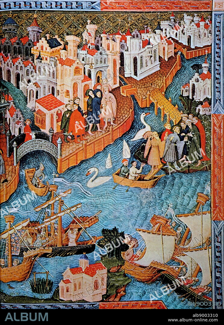 Painting depicting Marco Polo leaving Venice. Marco Polo (1254-1324) a Venetian merchant traveller. Dated 13th Century.