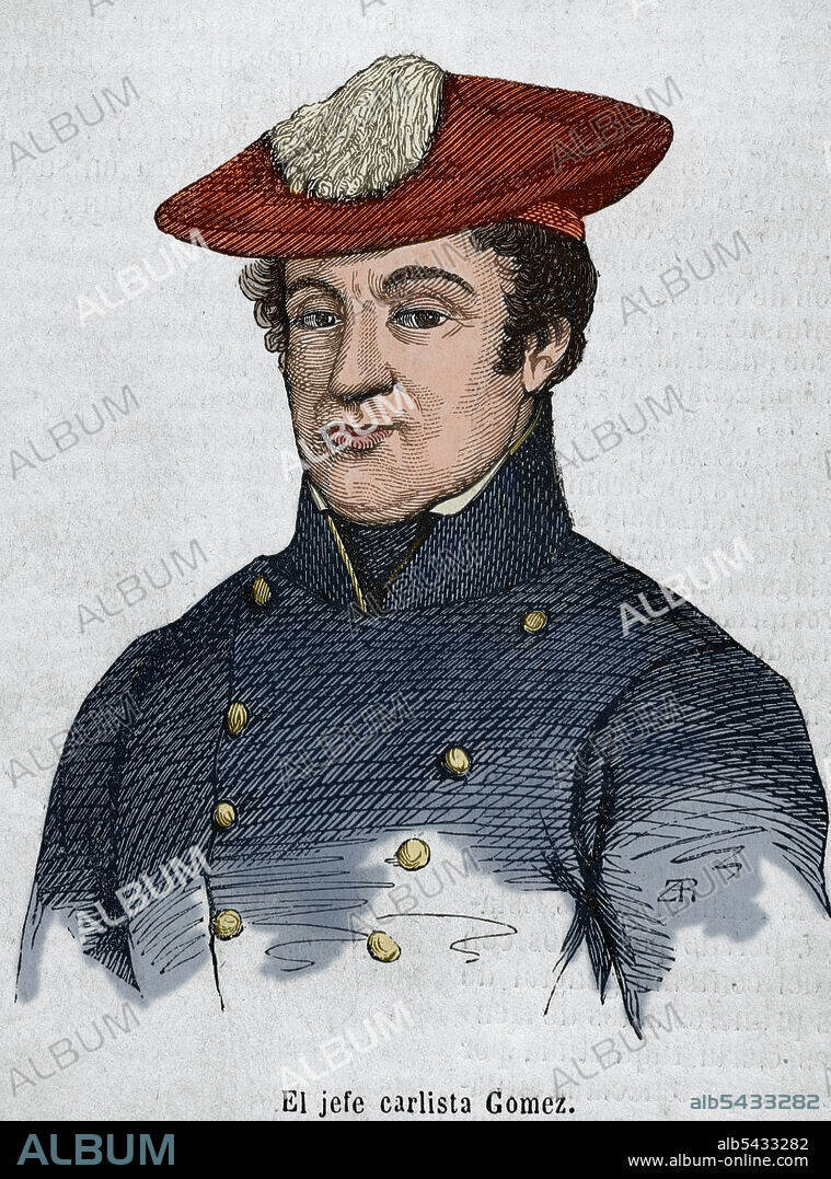 Miguel Gómez Damas (1785-1864). Militar español. Luchó en el bando carlista durante las dos primeras guerras carlistas. Retrato. Grabado coloreado. Historia General de España por el Padre Mariana. Madrid, 1853.