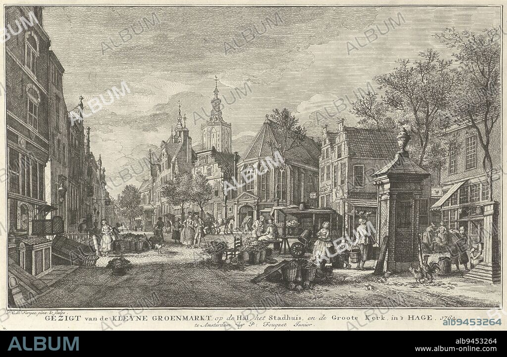 View of the Dagelijkse Groenmarkt in The Hague, with a vegetable stall and buyers in the foreground. In the center, the Meat Hall in the former St. Nicholas Chapel, where a figure is bringing in a slaughtered cow. In the background to the left of center, the Old City Hall and the tower of the Great Church. Print from a series of eight views of The Hague, View of the Dagelijkse Groenmarkt in The Hague View from the Kleyne Groenmarkt, of the Hall, the Town Hall, and the Great Church, in 's Hage (title on object) Eight views of The Hague (series title), print maker: Paulus Constantijn la Fargue, (mentioned on object), after: Paulus Constantijn la Fargue, (mentioned on object), publisher: Pierre Fouquet, (mentioned on object), print maker: The Hague, after: The Hague, publisher: Amsterdam, 1764, paper, etching, engraving, h 266 mm × w 415 mm.