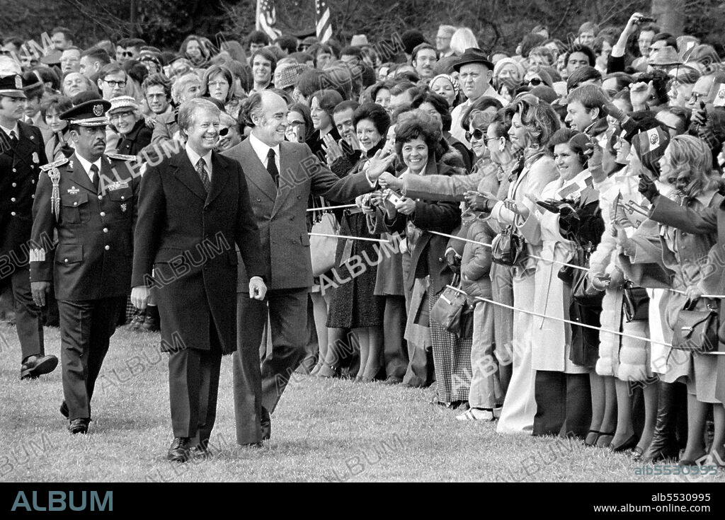 U.S. President Jimmy Carter with Mexican President Jose Lopez Portillo greeting crowd, Washington, D.C., USA, Thomas J. O'Halloran, US News & World Report Magazine Collection, February 14, 1977.