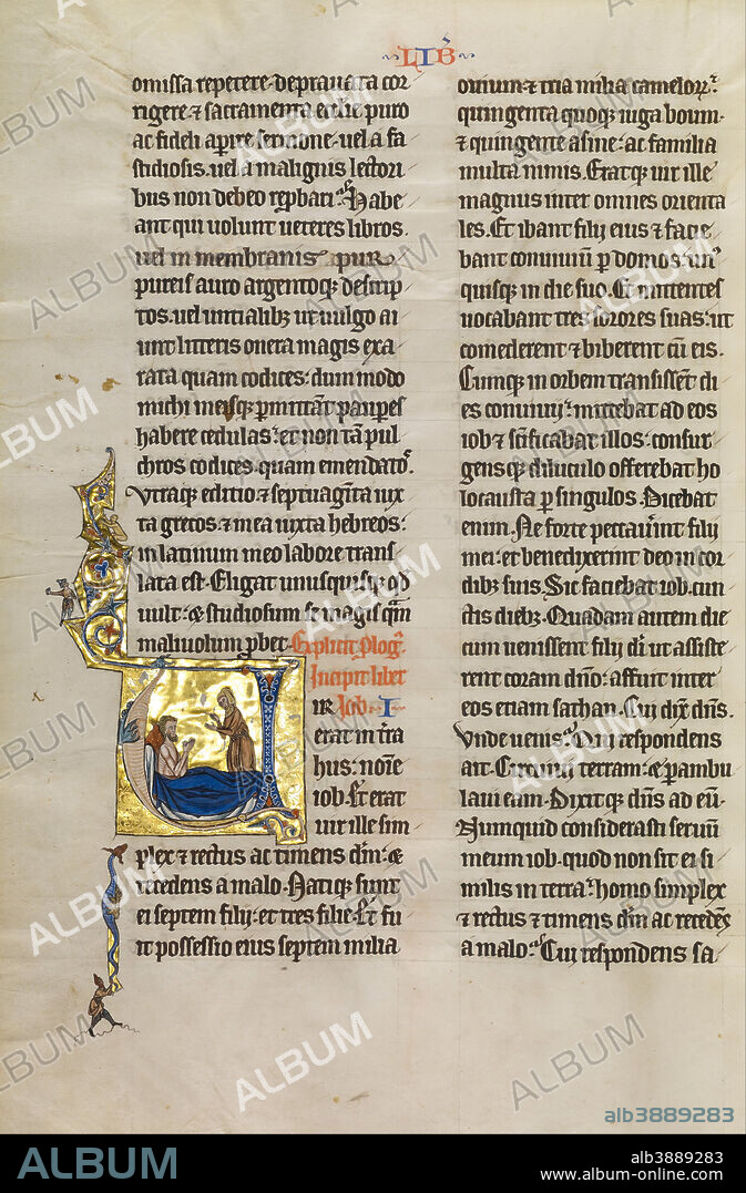 UNKNOWN. Initial V: Job Derided by His Wife. Date/Period: Ca. 1270. Folio. Tempera colors, black ink, and gold leaf on parchment. Height: 470 mm (18.50 in); Width: 322 mm (12.67 in).