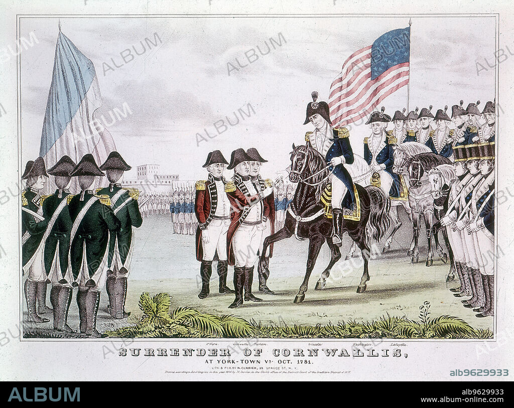 'Surrender of Cornwallis', Yorktown, Virginia, 1781. British commander General Charles Cornwallis (1738-1805) surrendering to the colonists after the Battle of Yorktown, October 1781. This effectively marked the victory of the USA in the American War of Independence (1775-1781).
