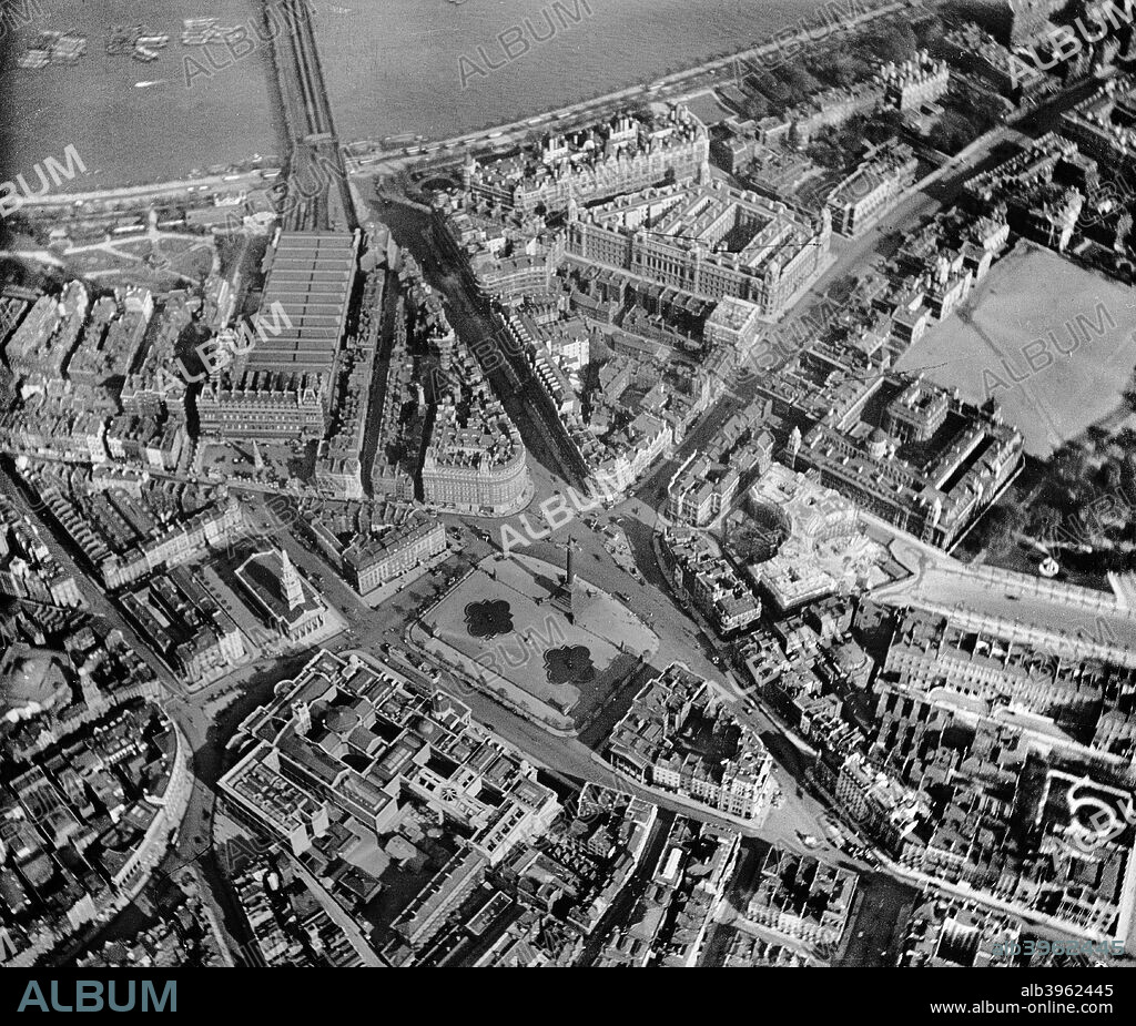 Trafalgar Square, Westminster, London, 1909. Silver gelatin glass plate negative. This view, from the balloon Corona at 2000ft (610m), was taken by the pioneering balloonist Dr James Lockyer. Like his father, Sir Norman Lockyer, James was an astronomer, but he had always been 'air-minded'. He made his first balloon ascent in 1907, and served with the Royal Naval Air Service and the Royal Air Force in the First World War. Lockyer was familiar with photographic technology from his astronomical work, and that probably explains the high quality of this image. The Admiralty Arch, built between 1906 and 1911, can be seen under construction (centre right) between Trafalgar Square and The Mall.