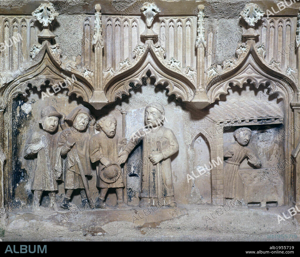 JUAN DE ORTEGA , SAN. SANTO ESPAÑOL. EL SANTO CON PEREGRINOS DEL CAMINO DE SANTIAGO. RELIEVE CENOTAFIO DEL SANTO EN SU MONASTERIO DE BARRIOS DE COLINA (BURGOS) CAMINO DE SANTIAGO.