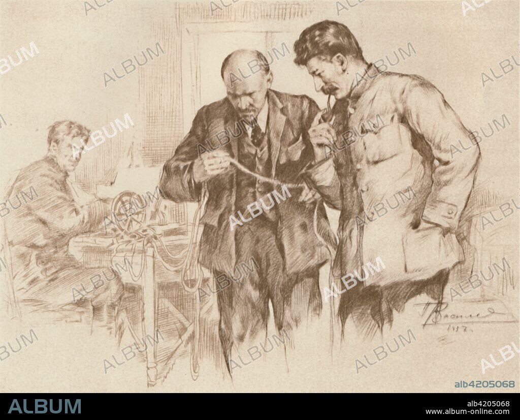'Lenin and Stalin at the Direct Wire, 1918', (1939). Russian communist revolutionaries Vladimir Ilich Lenin (1870-1924) and Joseph Stalin (1879-1953) reading information sent by telegraph. From Stalin on Lenin. [Foreign Languages Publishing House, Moscow, 1939].