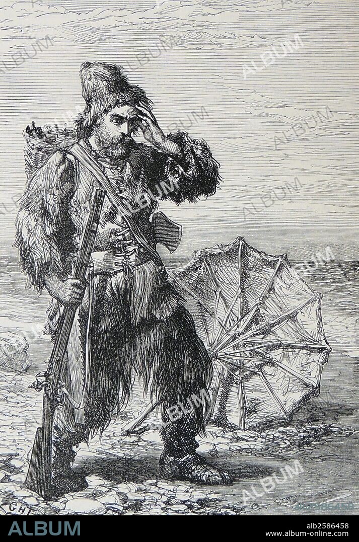 The shipwrecked Robinson Crusoe sees a footprint in the sand. It is that of Man Friday. Nineteenth century illustration for  ''The Life and Strange and Surprising Adventures of Robinson Crusoe'' by Daniel Defoe, first published 1719.