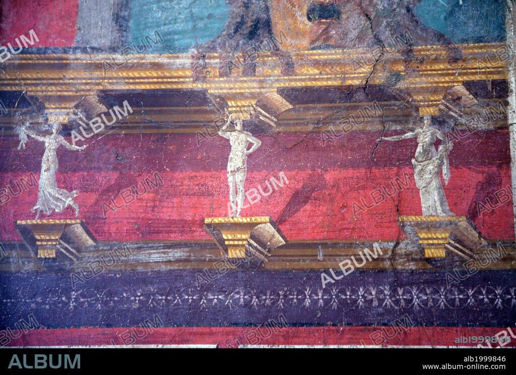 Italy, Naples, Naples Museum, Boscoreale, Villa of P.Fannius Sinistrex, Sanctuary Entrance, Fresco. This wall is one of the most representative examples of the II Pompeian style and illustrates well its characterization. The scene represents the propylon of a building with an internal colonnaded portico glimpsed through apertures half revealed by curtains hanging down over the partitions which flank the entrance door. The central element of the composition, framed between two Ionic columns, is an imposing paneled door.