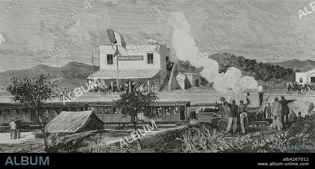 Spain, Andalusia, Huelva province. Opening of the public passenger service on the Tharsis-Odiel River railway line. The line was built by the British Tharsis Sulphur and Cooper Company, which owned several mines in the Huelva area of Tharsis. Ir was the second railway to be built in the province of Huelva, and it ran from the Tharsis mines to the port of Corrales, near Huelva. A single-track, 809-metre-long, and iron wharf was built on the Odiel River. Later, new branches were added to the main line; in 1881 a 15 km section was built that went to the Laguzano Mine. On 19 July 1881, The Rio-Tinto Company Limited, the concessionaire of the Rio Tinto mines since 1873, opened its railway to passenger traffic. Arrival of the first train for the passenger service at "Medio-Millar" station on July 19, 1881. Engraving by Bernardo Rico y Ortega (1825-1894). La Ilustracion Espa–ola y Americana, 1881.