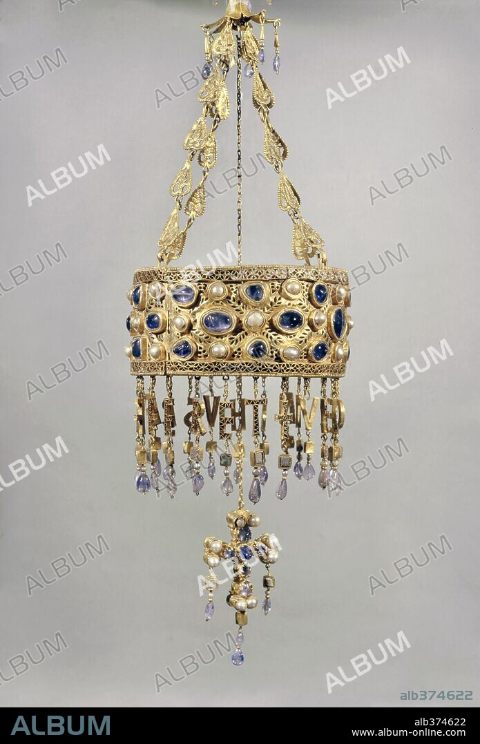 The treasure of Guarrazar. Votive crown of King Recceswinth Visigoth Art 621-672 AD,  Visigothic civilization.