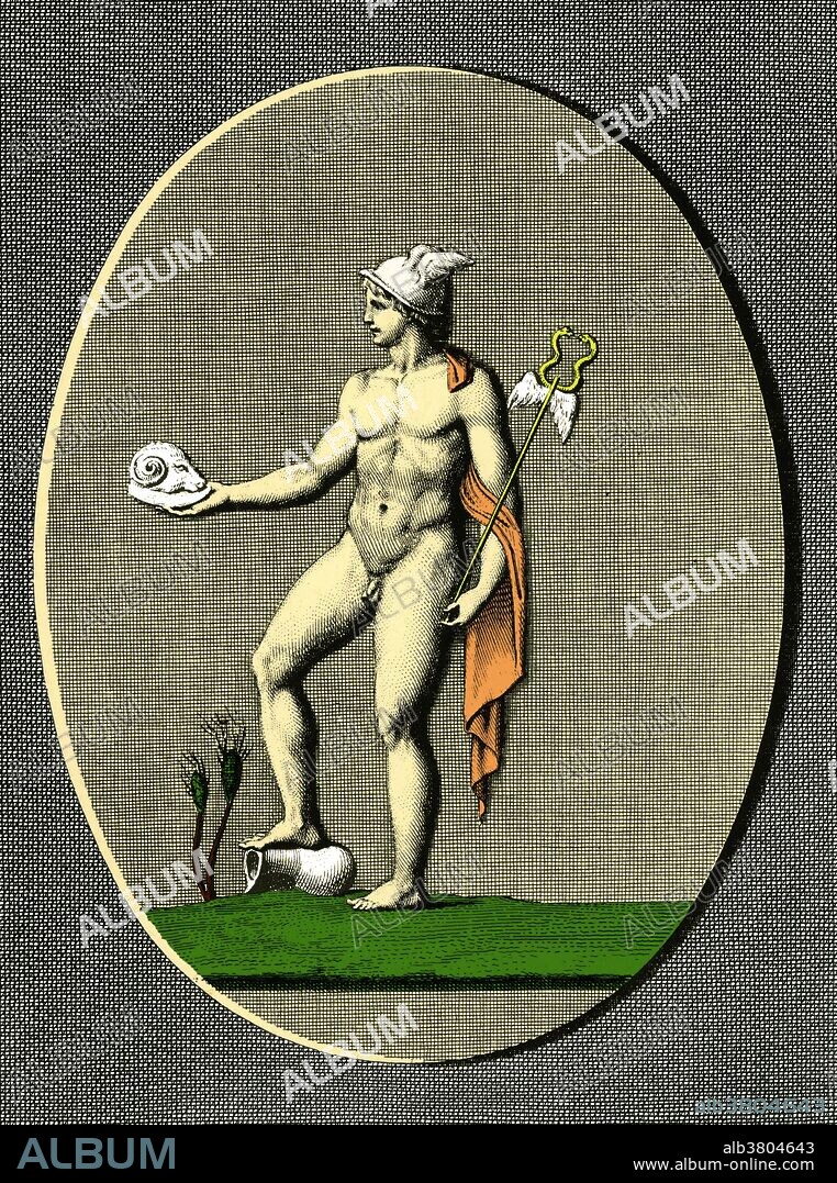 Mercury was a messenger who wore winged sandals and a god of trade, thieves, and travel, the son of Maia Maiestas and Jupiter in Roman mythology. His characteristics and mythology were borrowed from the analogous Greek god, Hermes. Mercury has influenced the name of many things in a variety of scientific fields, such as the planet Mercury, and the element mercury. The word mercurial is commonly used to refer to something or someone erratic, volatile or unstable, derived from Mercury's swift flights from place to place. He is often depicted holding the Caduceus in his left hand.