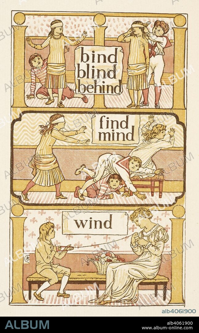 Rhyming words ending in the letter D. A game of blind man's buff. To illustrate the use of the letter i. The Golden primer. . The Golden Primer. [In verse. With illustrations by Walter Crane.]. 2 pt. Blackwood & Sons: London, 1884. Source: 12805.w.33, part 2, page 22.