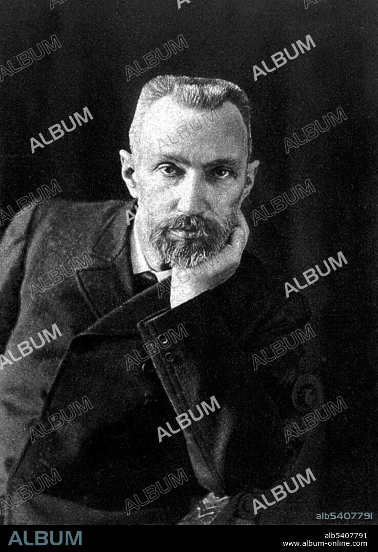 Pierre Curie (May 15, 1859 - April 19, 1906) ) was a French Nobel laureate physicist, a pioneer in crystallography, magnetism, piezoelectricity and radioactivity. In 1903 he received the Nobel Prize in Physics with his wife, Marie Salomea Sklodowska-Curie, and Henri Becquerel. He studied ferromagnetism, paramagnetism, and diamagnetism for his doctoral thesis, and discovered the effect of temperature on paramagnetism which is now known as Curie's law. He also discovered that ferromagnetic substances exhibited a critical temperature transition, above which the substances lost their ferromagnetic behavior. This is now known as the Curie point. Pierre worked with his wife Marie in isolating polonium and radium. They were the first to use the term radioactivity. Pierre and one of his students made the first discovery of nuclear energy, by identifying the continuous emission of heat from radium particles. In 1906, while crossing the busy Rue Dauphine in the rain he slipped and fell under a heavy horse drawn cart and died instantly. He was 46 years old. No photographer credited, circa 1906.