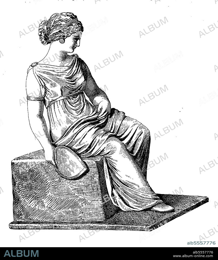 Ancient Greece. Young Girl of (Tanagra), with Chiton, Himation and Fan, History of Fashion, History of Costume, Historical, Digital Reproduction of an Original 19th century Original