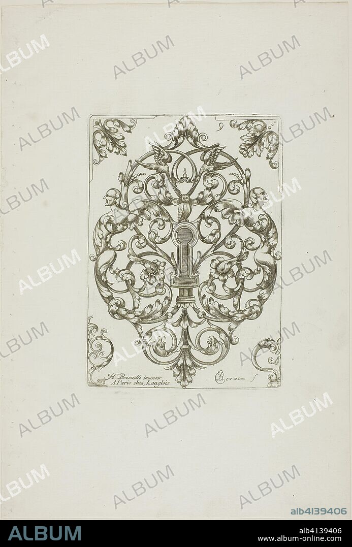 JEAN BÉRAIN I. Designs for Locksmiths. Jean Bérain I (French, 1640-1711); after Hugues Bris e Ville (French). Date: 1660-1711. Dimensions: 169 × 120 mm (image/plate); 316 × 215 mm (sheet). Etching on paper. Origin: France.