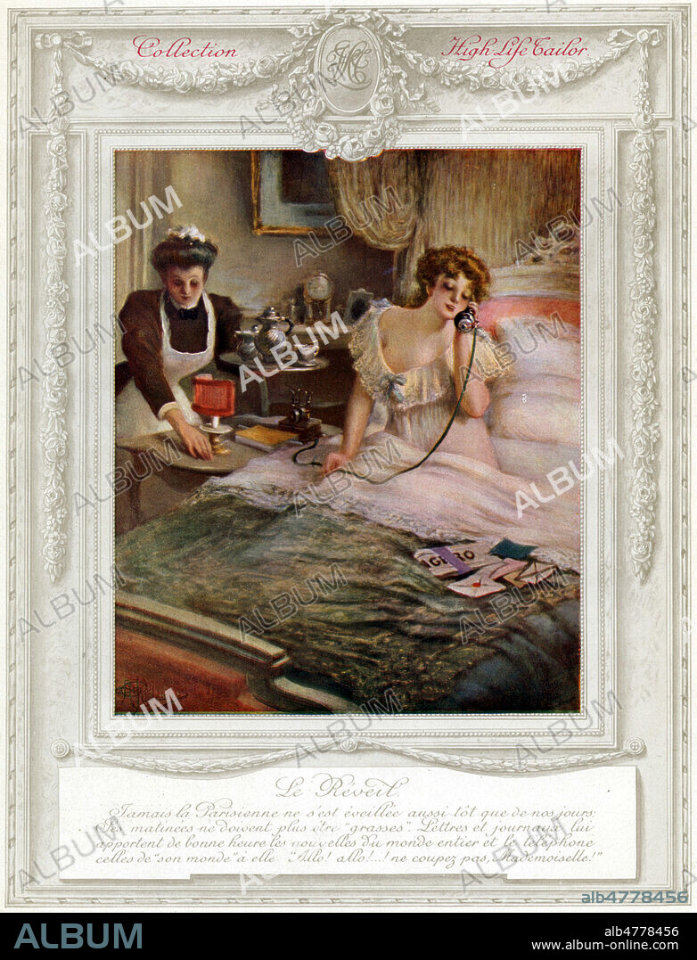 'Le reveil' : femme en chemise de nuit parlant au telephone, tandis qu'une servante lui apporte un petit dejeuner au lit. Catalogue High-Life Tailor publie en 1905 et intitule 'La journee d'une parisienne au XXeme siecle'. Illustration par A. GUILLAUME (1873-1942). Credit : Collection IM/KHARBINE-TAPABOR.