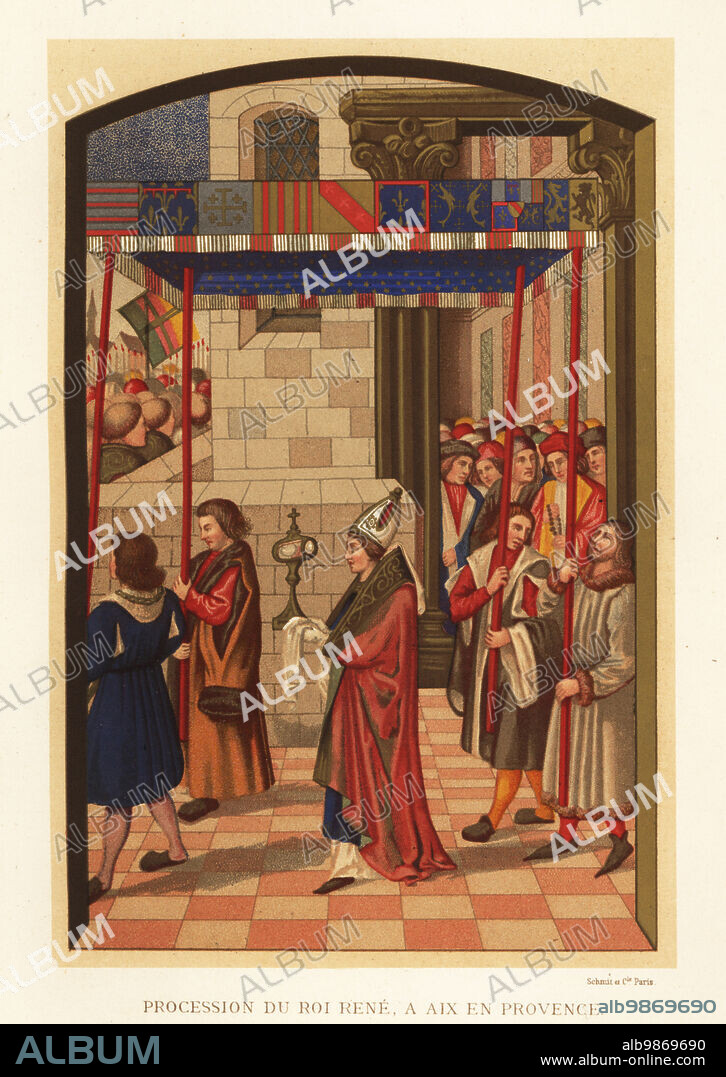 Procession of King Rene of Anjou in Aix en Provence. A bishop walks under a canopy held by four men in front of King Rene and his courtiers. After a miniature in the 15th century manuscript by the prince himself, Breviaire du roi Rene. Procession du roi Rene, a Aix en Provence. Chromolithograph from Paul Lacroixs La Vie Militaire et Religieuse au Moyen Age et a lEpoque de la Renaissance, Military and Religious Life in the Middle Ages and the Renaissance, Paris, 1873.