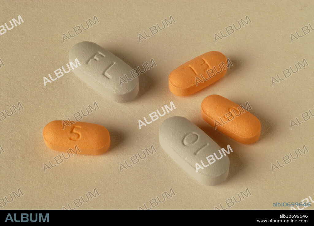 5- and 10-mg Memantine (brand name Namenda) pills, a drug used to treat Alzheimer's disease.