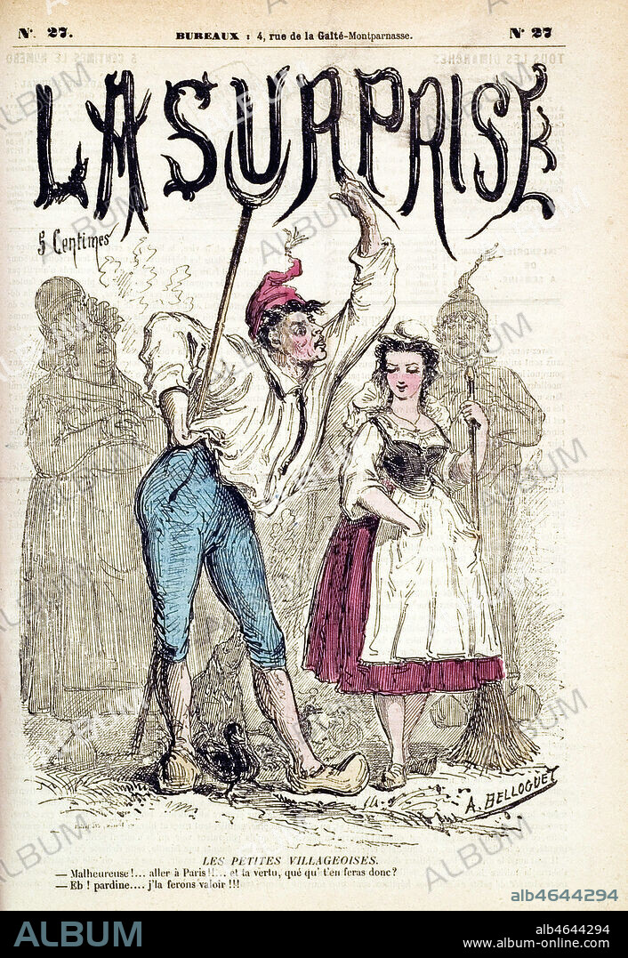 Les petites villageoises.Malheureuse ! aller a Paris ! et ta vertu, Quequ't'en feras donc. La fille repnd: He Pardine, j'la ferons valoir !" ? Illustration d'Andre BELLOGUET (19 s) pour La Surprise de 1867. Credit : Coll. Dixmier/KHARBINE-TAPABOR.