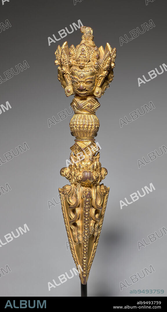 Ritual Dagger (Phurba), 1403-1424, 9 3/4 x 2 x 2 in. (24.8 x 5.1 x 5.1 cm), Gilt bronze, China, 15th century, The phurba is used in Lamaist Buddhism during rites to exorcise evil influences. Based on a tent peg, the ritual weapon is employed to pin down demons harmful to Buddhist thought in the process of taming and teaching them.