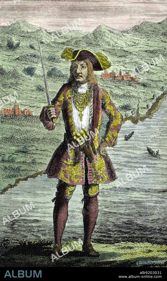 Bartholomew Roberts (1682-1722), born John Roberts, was a Welsh pirate and the most successful pirate of the Golden Age of Piracy, measured by vessels captured. Engraving by Benjamin Cole, circa 1724.