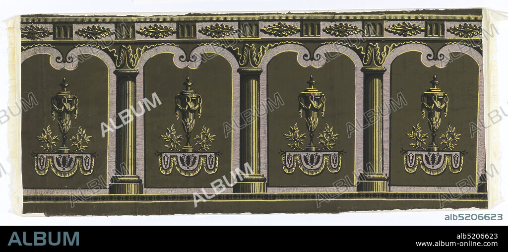 Frieze, Block-printed on joined sheets, Ground of dark olive green. Colonade of stylized doric columns, fluted, in black and pale yellow, with acanthus and other classic revival ornament on architrave. In each open space between columns, tall, draped classical urn on support of pink swags fringed with yellow., France, 182030, Wallcoverings, Frieze.