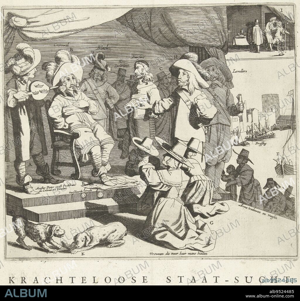 Cartoon on England and Cromwell, 1652, anonymous, 1652, Cartoon on England and Cromwell, 1652. Oliver Cromwell seated on his throne, departing under foot peace documents, at his feet women kneel and plead for their husbands. At left, Hugh Peters blows into Cromwell's ear with a bellows. On the right, the members of the Blood Council: Sir Thomas Fairfax and Admiral Robert Blake and members the Parliament. On the right, some Levellers offer a petition. On the left, a faithful dog protects the insignia of the English crown (Charles II) from another dog. At top, a small scene with Admiral Tromp making a vein at Cromwell, a reference to Tromp's victory at the Sea Battle of Dungeness. Below the plate on the sheet printed a caption in 3 columns. The composition goes back to the sixteenth-century prints of the Duke of Alva on his throne., print maker: anonymous, unknown, Northern Netherlands, 1652, paper, etching, engraving, letterpress printing, h 411 mm × w 314 mm.