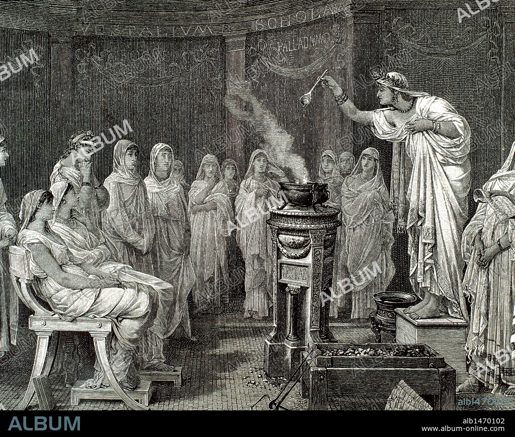 HISTORIA DE LA RELIGION ROMANA. SACERDOTISA de la diosa VESTA ("HESTIA" griega) realizando una ofrenda. Grabado de 1887.