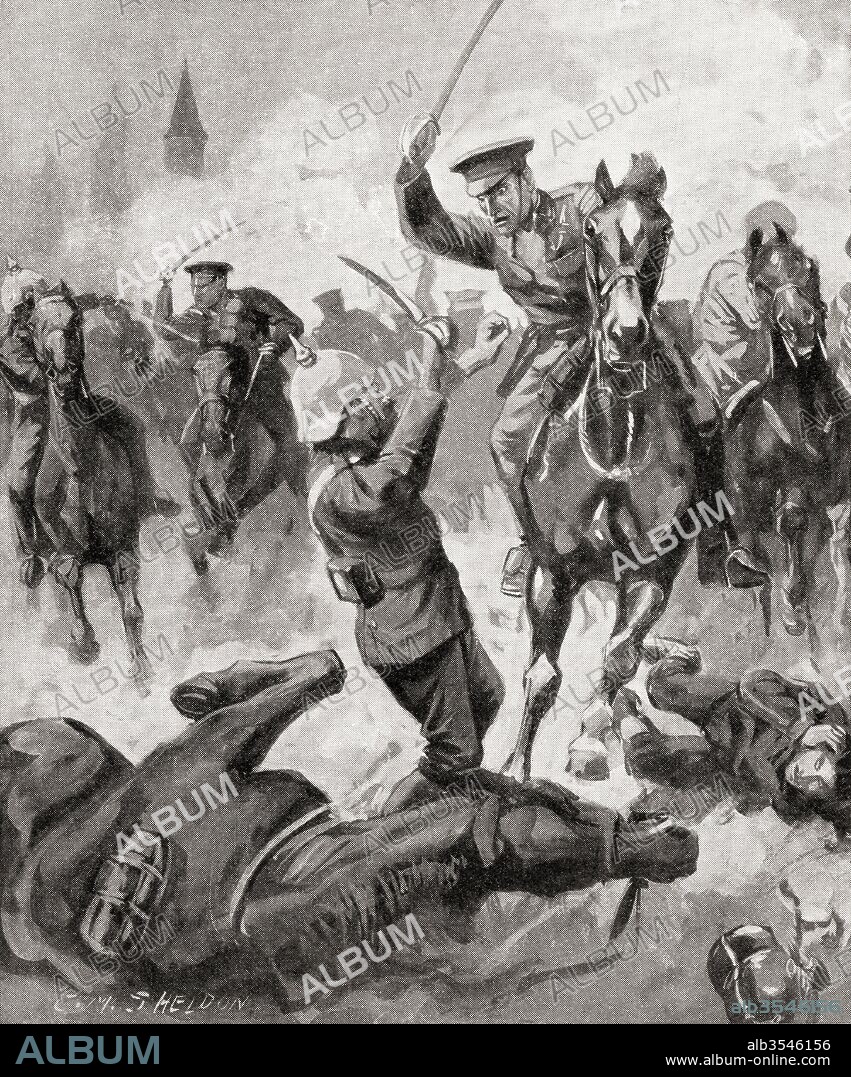 Furious charge of British cavalry at The Battle of Mons, 23rd August 1914 during WWI. From The War Illustrated Album Deluxe, published 1915.