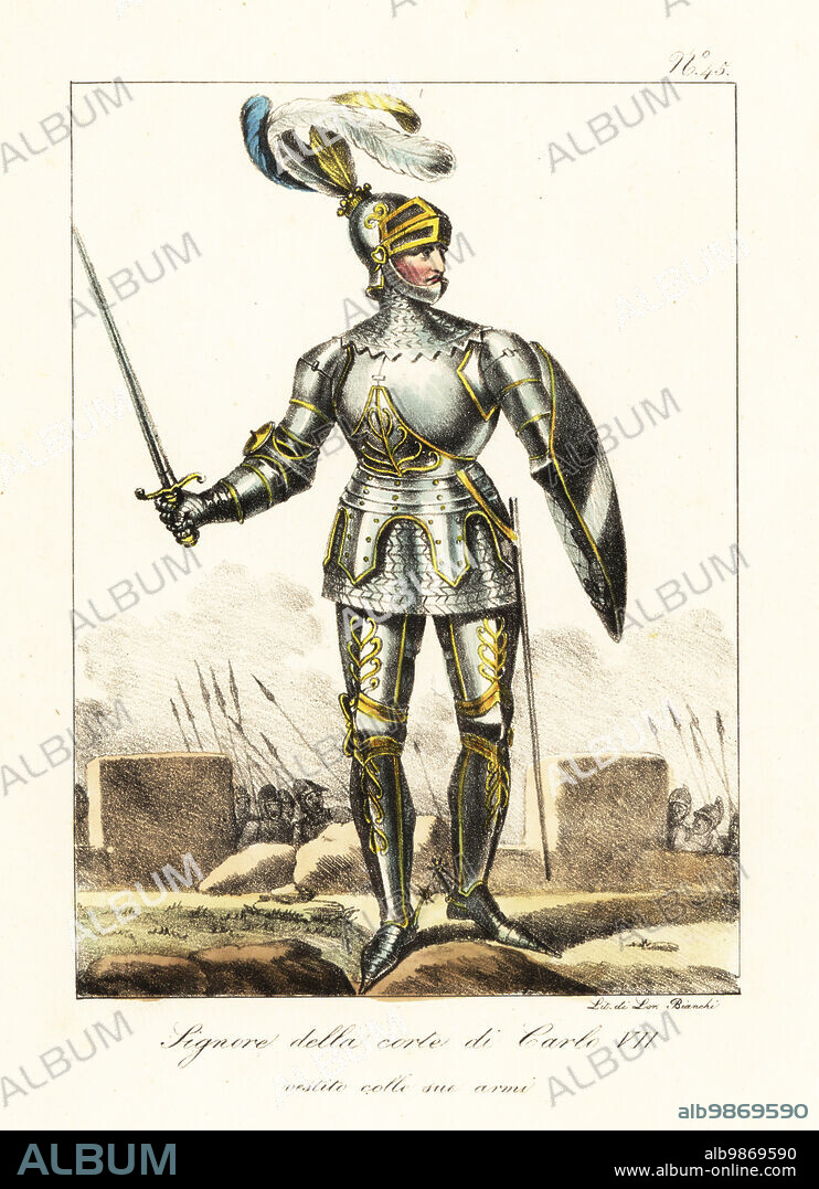 Knight in armour, court of King Charles VII of France, 15th century. In plumed helm with visor, chainmail hauberk, full plate armour with gold trim, with sword and shield. In battle. Seigneur de la cour de Charles VII revetu de son armure. Handcoloured lithograph by Lorenzo Bianchi after Hippolyte Lecomte from Costumi civili e militari della monarchia francese dal 1200 al 1820, Naples, 1825. Italian edition of Lecomtes Civilian and military costumes of the French monarchy from 1200 to 1820.