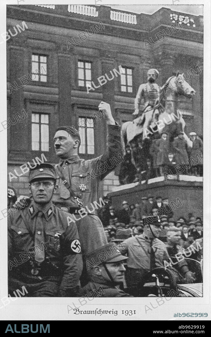 Adolf Hitler, Brunswick, Germany, 1931. German dictator Adolf Hitler (1889-1945) became leader of the National Socialist German Workers (Nazi) party in 1921. After an unsuccessful coup attempt in Munich in 1923, for which he was briefly imprisoned, Hitler set about pursuing power by democratic means. His nationalistic and anti-semitic message quickly gained support in a Germany humiliated by defeat in World War I and the harsh terms of the Treaty of Versailles and, from the late 1920s, suffering from economic collapse. Hitler came to power in 1933, and persuaded the Reichstag (parliament) to grant him dictatorial powers. He proceeded to crush opposition both within his own party and throughout German society, and set about re-arming Germany. Hitler's aggressive policy of territorial expansion to secure 'lebensraum' (living space) for the German people eventually plunged the world into the Second World War.
