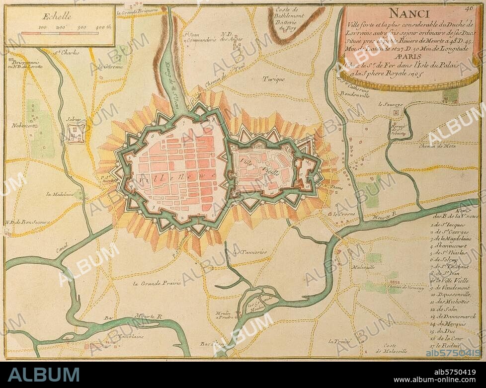 Nancy (Meurthe-et-Moselle). "NANCI". (Carte de Nancy et environs). Gravure sur cuivre, coloriée. Paris (de Fer) 1705. Paris, coll. particulière.