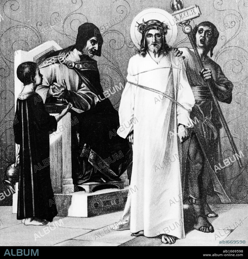 MARTIN FEUERSTEIN. Jesus is Condemned to Death (1st station of the Cross) by Martin Ritter von Feuerstein, oil painting, circa 1898, 1856 - 1931, Germany, Munich, Saint Anna Church, Germany, Munich, Saint Anna Church.