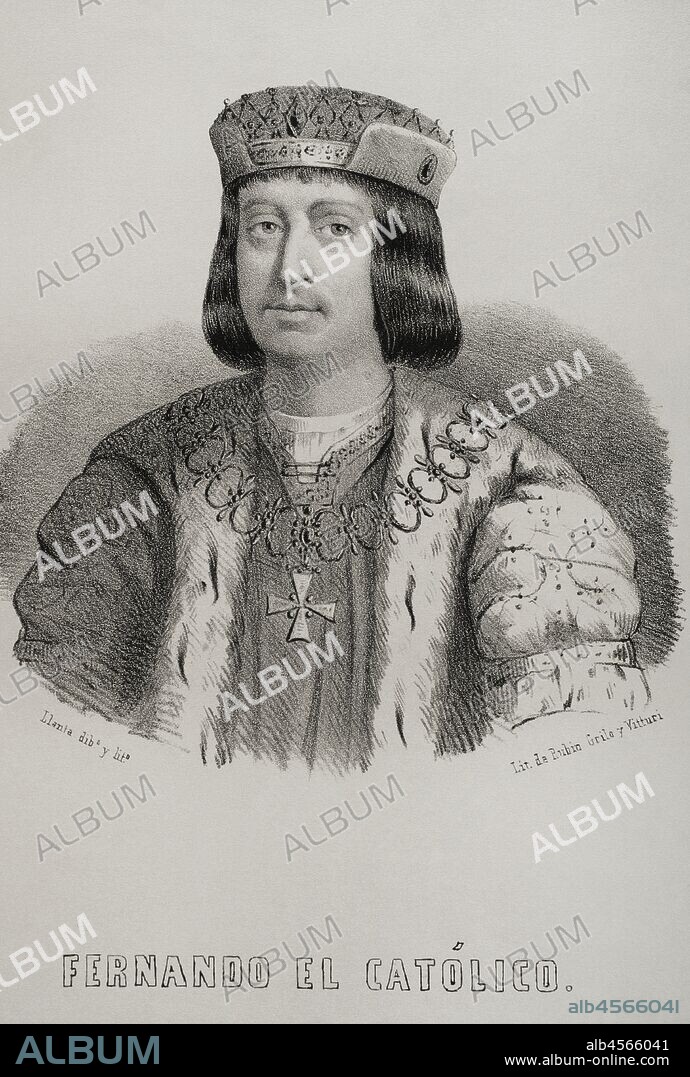 Fernando II de Aragón, llamado El Católico (1452-1516) Rey de Sicilia (1468-1516), de Castilla (1474-1504), de la Corona de Aragón (1479-1516) y de Nápoles (1504-1516). Hijo de Juan II de Aragón y de Juana Enríquez. Dibujo por Llanta. Litografía. Crónica General de España, Historia Ilustrada y Descriptiva de sus Provincias. Aragón, 1866. Biblioteca Histórica Militar de Barcelona, Cataluña, España.