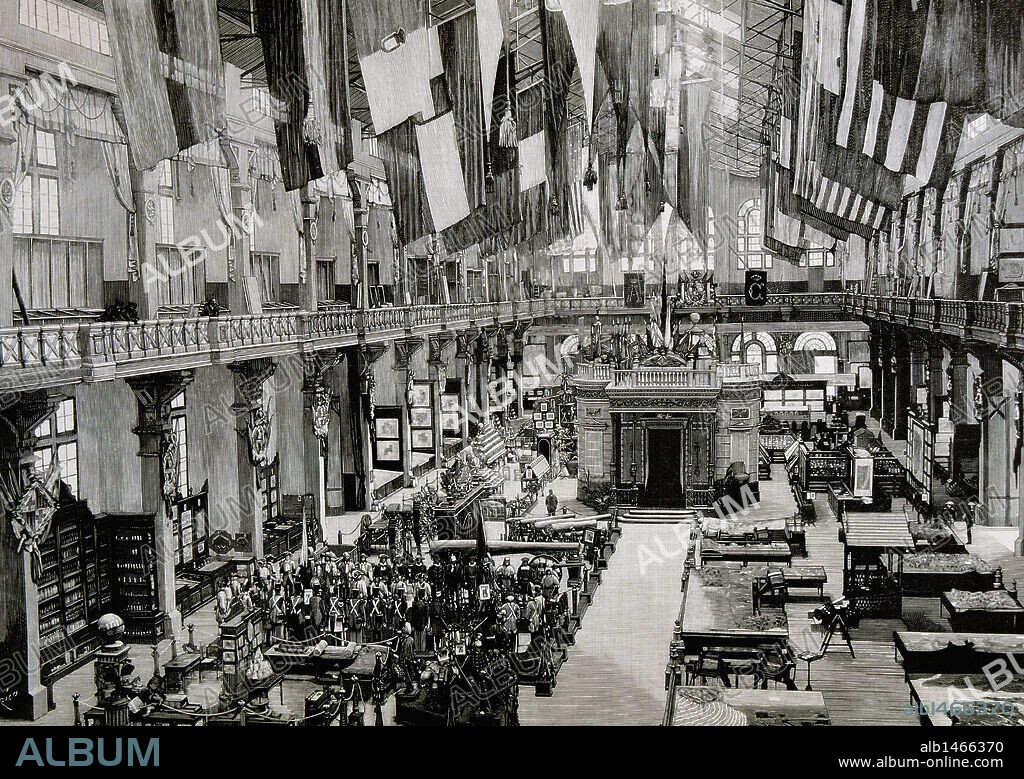 Spain. Barcelona. 1888 Universal Exposition. Central gallery of the Palace of Industry. Engraving in "'The Spanish and American Illustration".