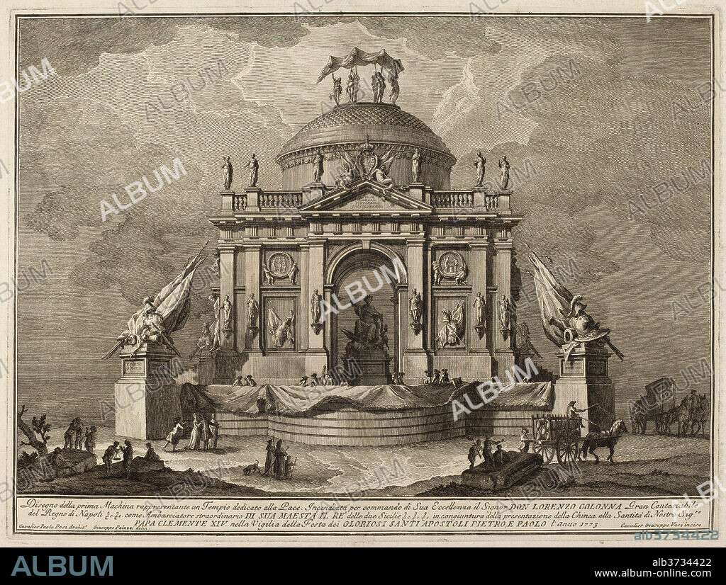 GIUSEPPE VASI AFTER GIUSEPPE PALAZZI (DESIGNER) AND PAOLO POSI (ARCHITECT). A Temple Dedicated to Peace, for the "Chinea" Festival. Dated: 1773. Dimensions: plate: 38.3 x 51.4 cm (15 1/16 x 20 1/4 in.)  sheet: 44 x 59.8 cm (17 5/16 x 23 9/16 in.). Medium: etching on laid paper.