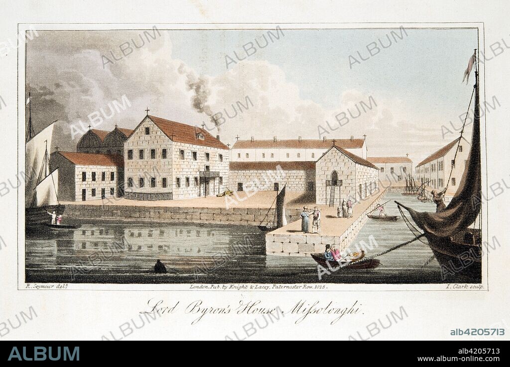 Lord Byron's House at Missolonghi from The Last Days of Lord Byron by William Parry, pub. 1825 (hand coloured engraving). George Gordon Byron (1788 - 1824); 6th Baron Byron.