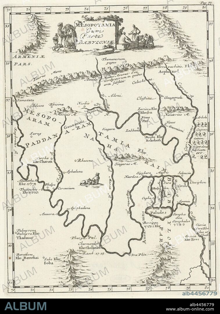 Map of Mesopotamia Mesopotamia Cum Parte Babyloniae (title on object), Print upper right: Pag: 77, maps of separate countries or regions, Mesopotamia, Jan Luyken, 1692, paper, etching, h 273 mm × w 200 mm.