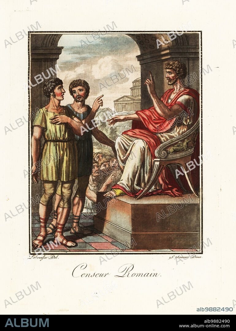 Censor conducting a census at the Villa Publica, ancient Rome. He sits on a throne in toga and red pallium while the populace gathers outside the Forum. Censeur Romain. Handcoloured copperplate drawn and engraved by L. Labrousse, artist of Bordeaux, under the direction of Jacques Grasset de Saint-Sauveur from his Lantique Rome, ou description historique et pittoresque, Ancient Rome, or historical and picturesque description, Chez Deroy, Paris, 1796.